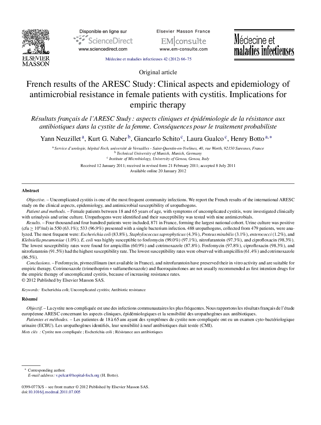 French results of the ARESC Study: Clinical aspects and epidemiology of antimicrobial resistance in female patients with cystitis. Implications for empiric therapy