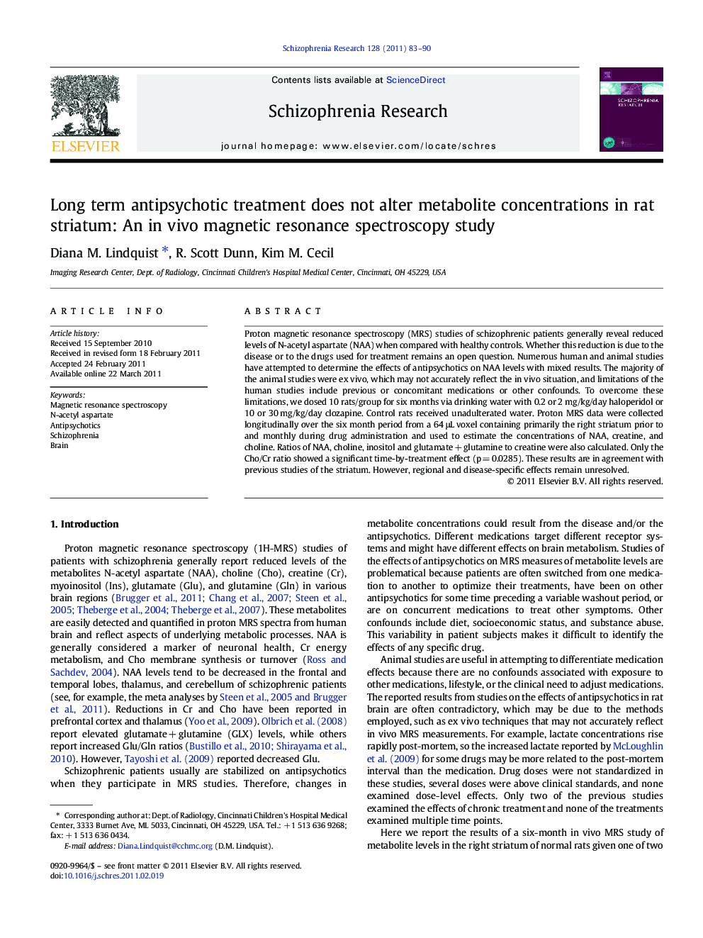 Long term antipsychotic treatment does not alter metabolite concentrations in rat striatum: An in vivo magnetic resonance spectroscopy study