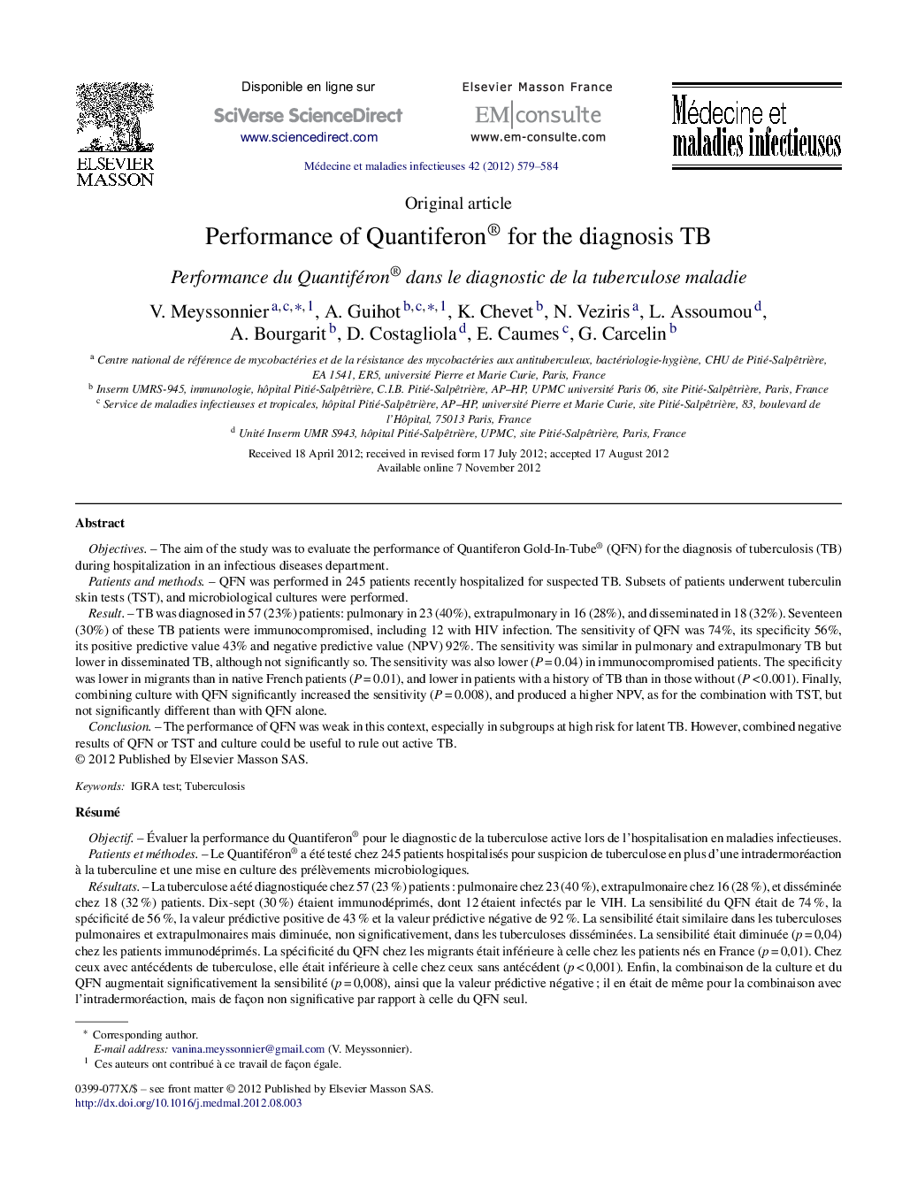 Performance of Quantiferon® for the diagnosis TB