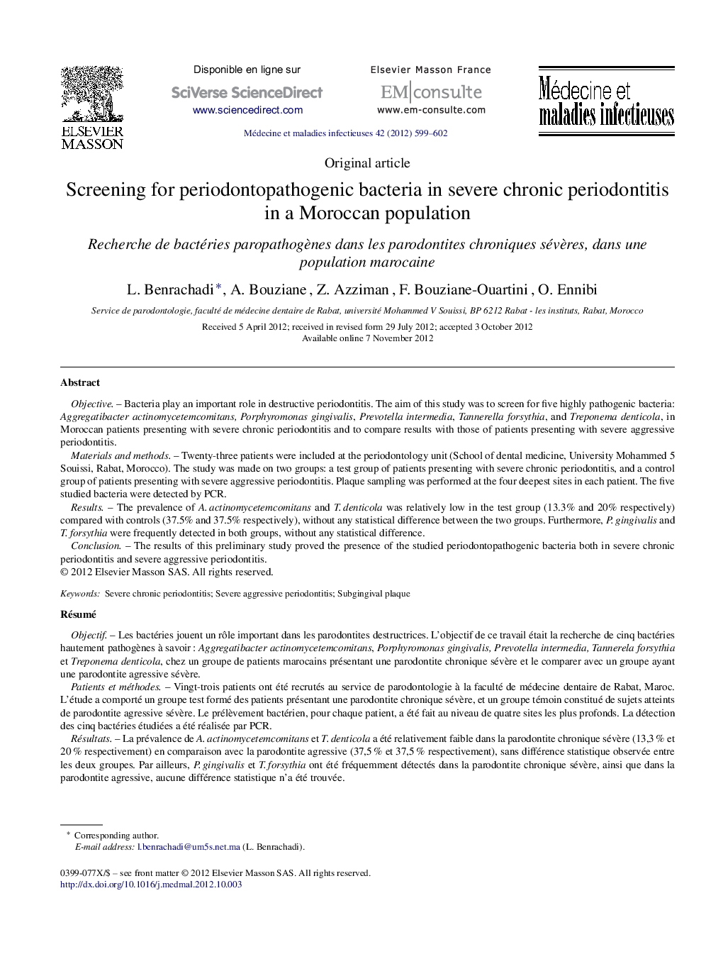 Screening for periodontopathogenic bacteria in severe chronic periodontitis in a Moroccan population