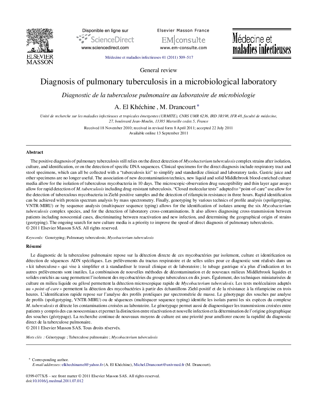 Diagnosis of pulmonary tuberculosis in a microbiological laboratory