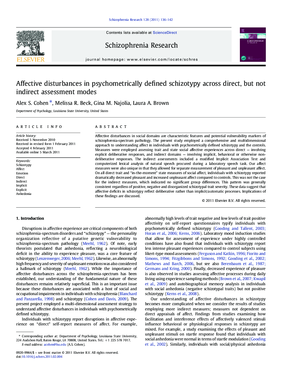 Affective disturbances in psychometrically defined schizotypy across direct, but not indirect assessment modes