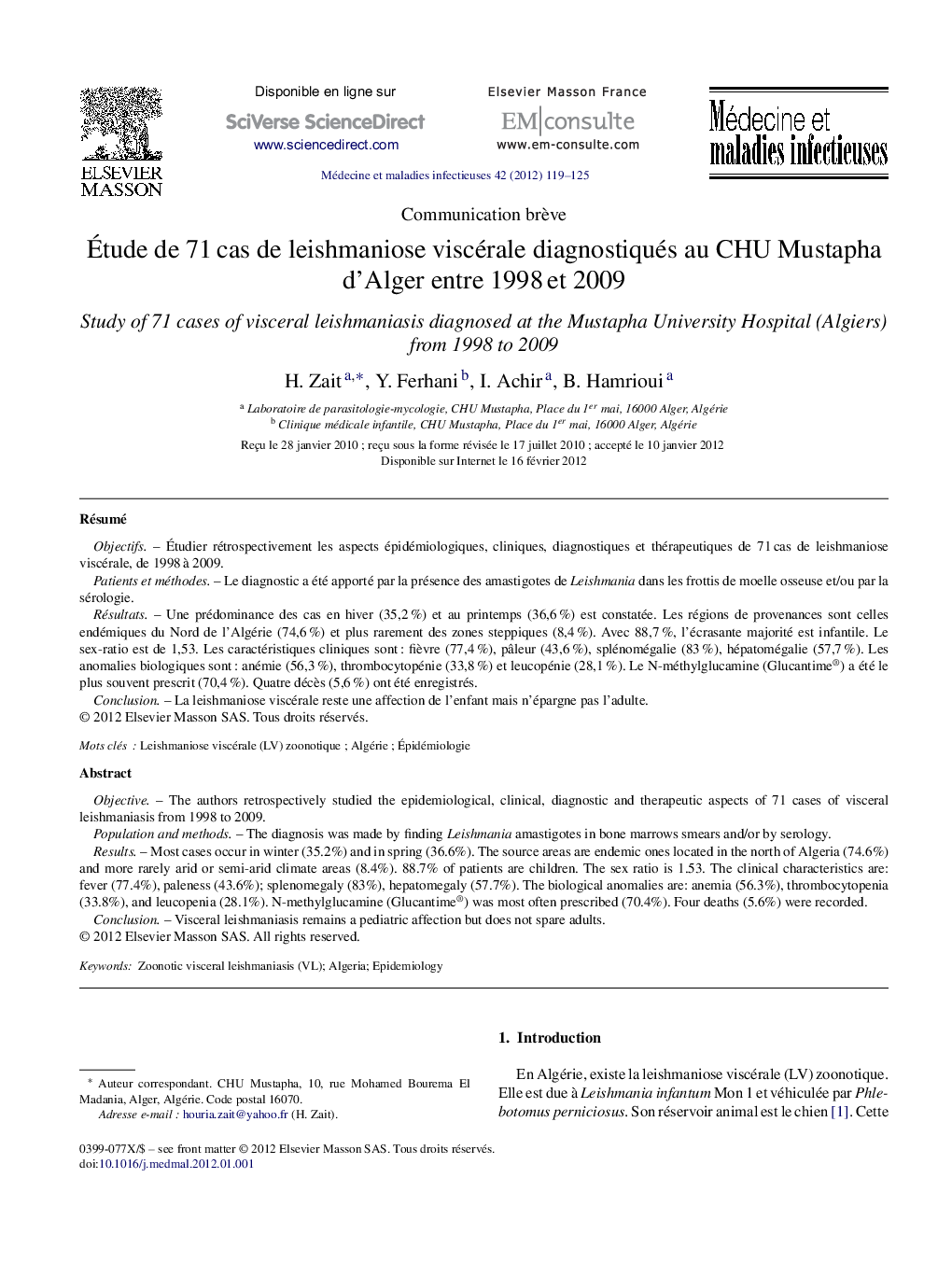 Étude de 71 cas de leishmaniose viscérale diagnostiqués au CHU Mustapha d’Alger entre 1998 et 2009