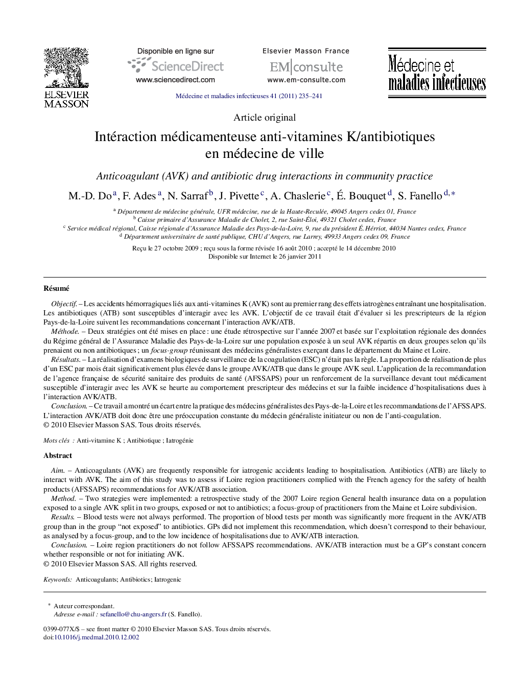 Intéraction médicamenteuse anti-vitamines K/antibiotiques en médecine de ville