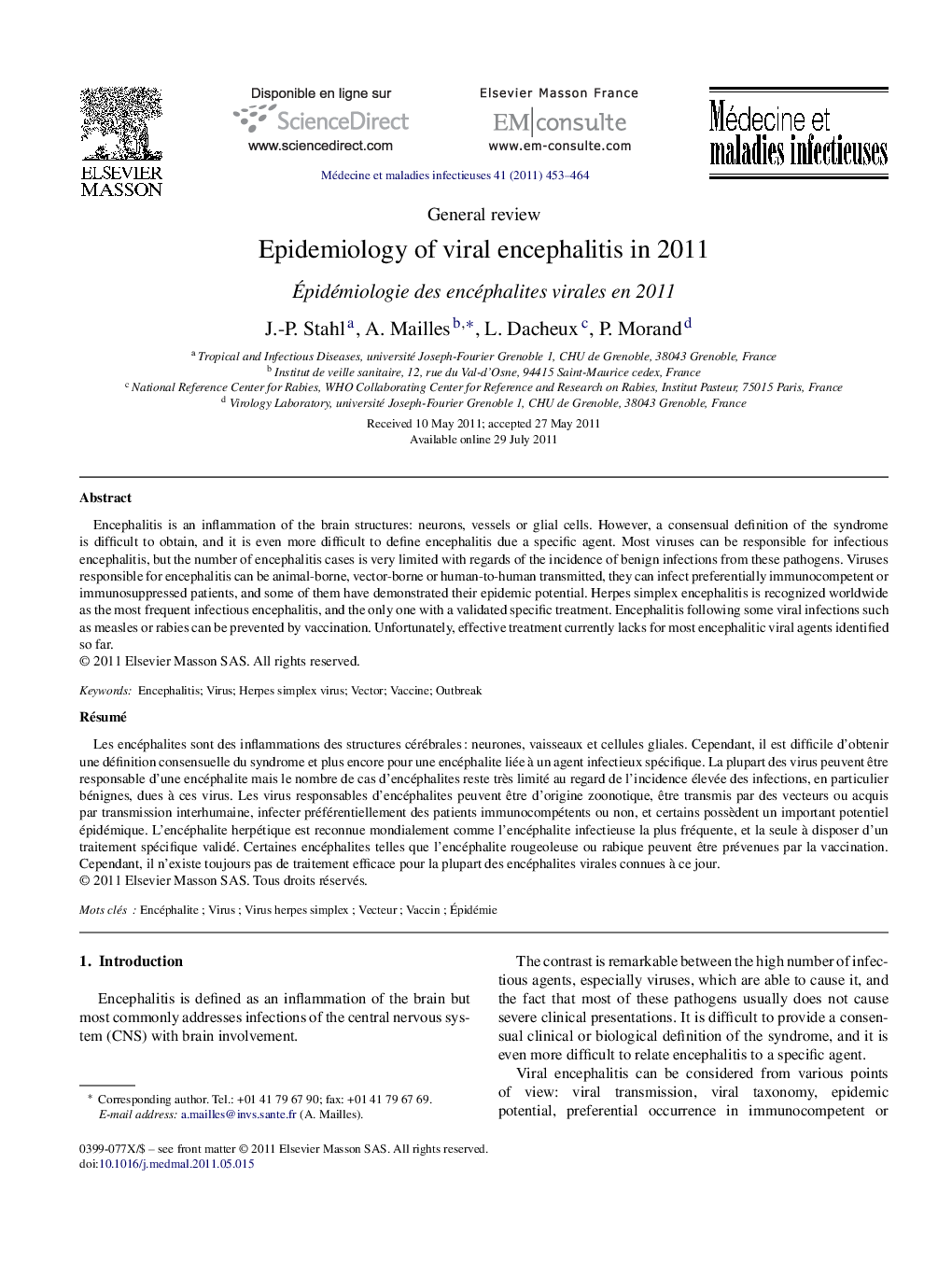 Epidemiology of viral encephalitis in 2011