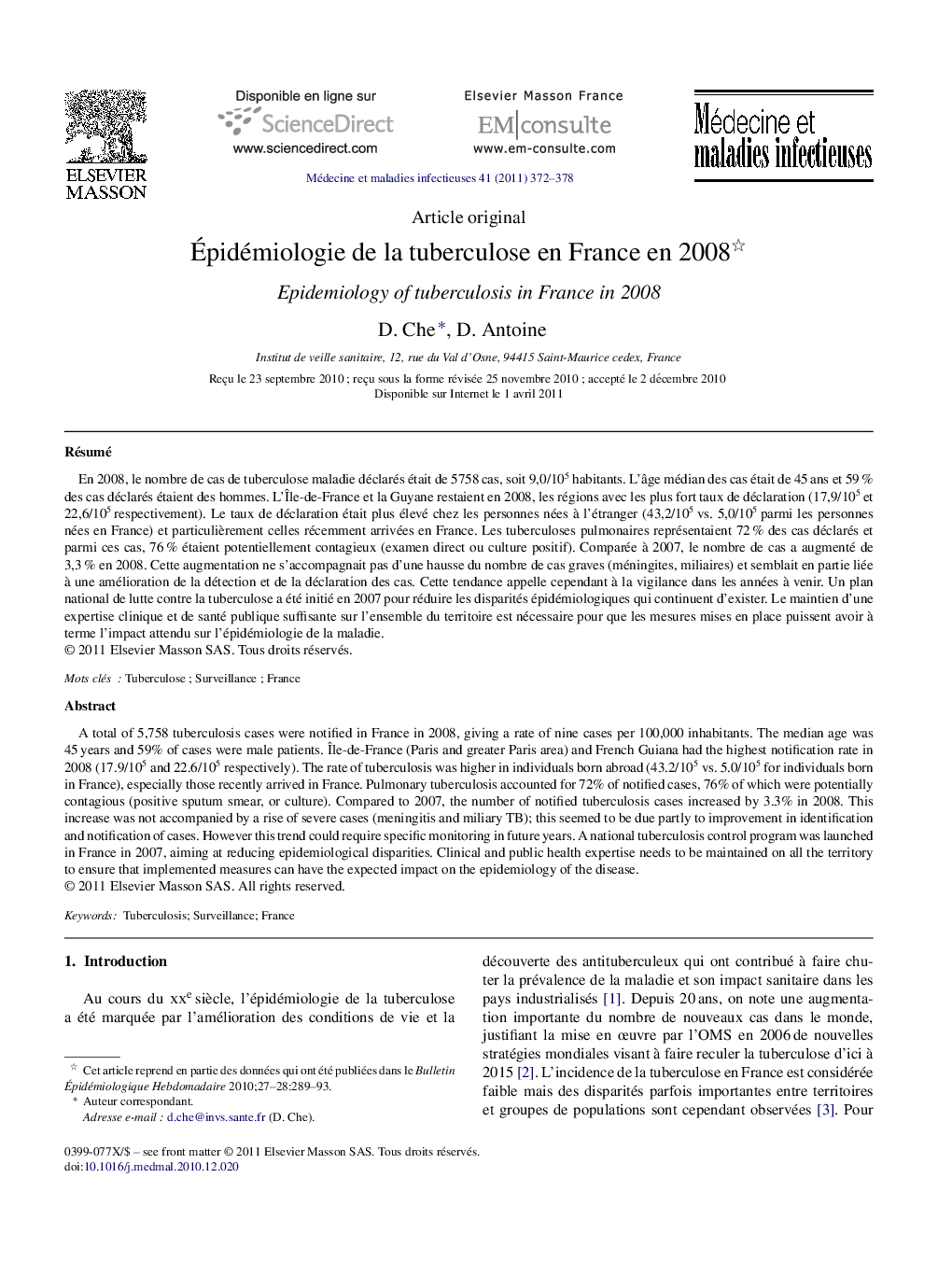 Épidémiologie de la tuberculose en France en 2008 