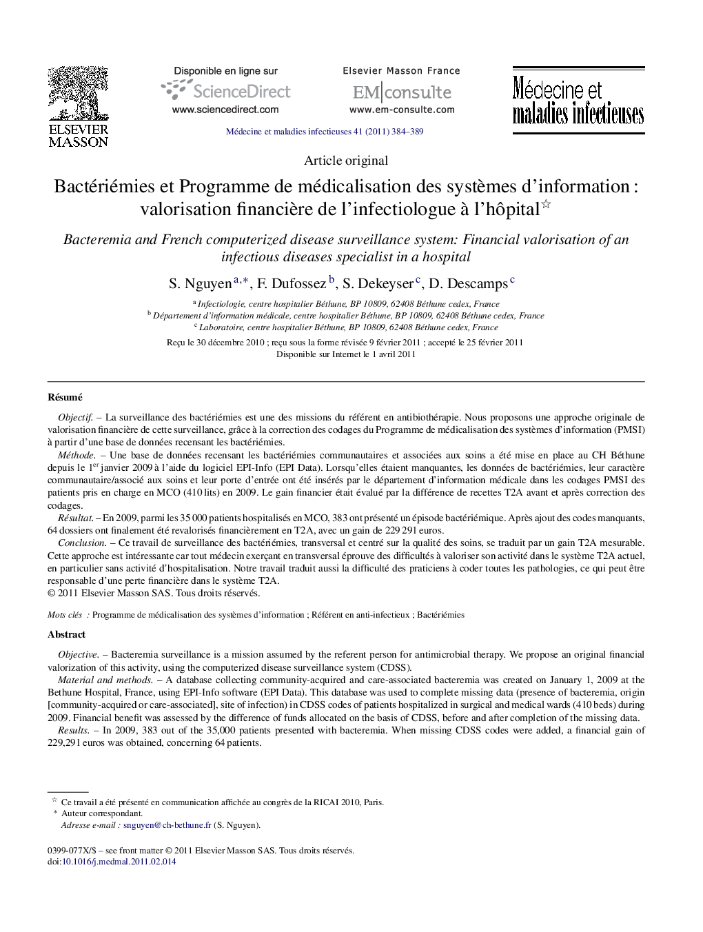 Bactériémies et Programme de médicalisation des systÃ¨mes d'informationÂ : valorisation financiÃ¨re de l'infectiologue Ã  l'hÃ´pital