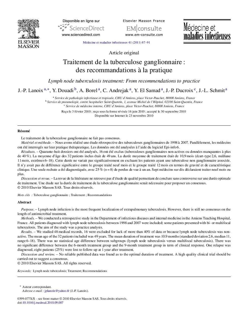 عکس صفحه اول مقاله: Traitement de la tuberculose ganglionnaire : des recommandations à la pratique Traitement de la tuberculose ganglionnaire : des recommandations à la pratique