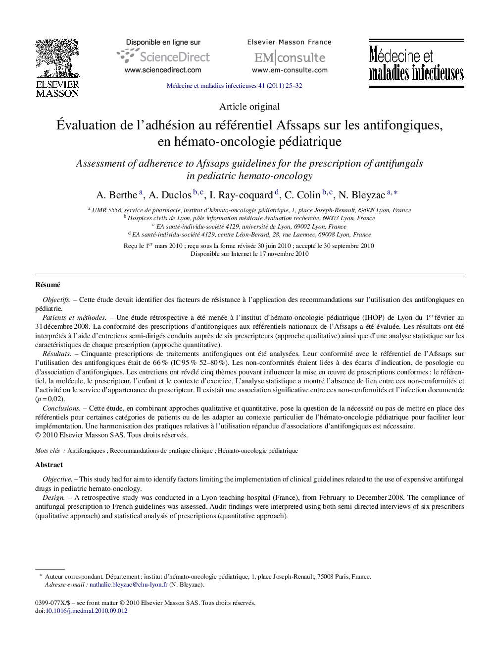 Évaluation de l’adhésion au référentiel Afssaps sur les antifongiques, en hémato-oncologie pédiatrique