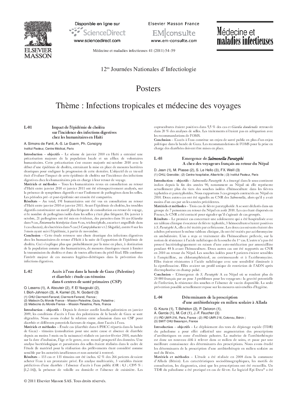 عکس صفحه اول مقاله: Thème : Infections tropicales et médecine des voyages Thème : Infections tropicales et médecine des voyages