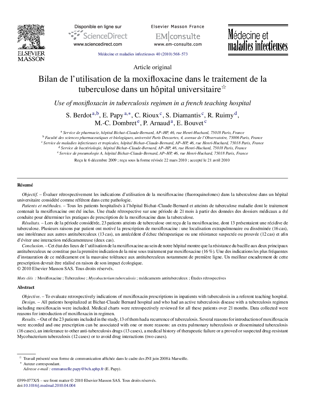 Bilan de l’utilisation de la moxifloxacine dans le traitement de la tuberculose dans un hôpital universitaire 