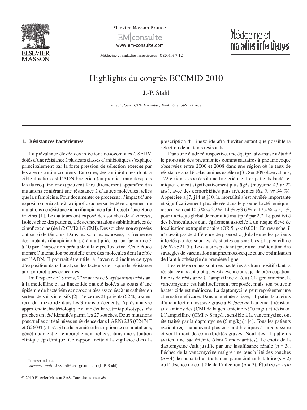 Highlights du congrÃ¨s ECCMID 2010