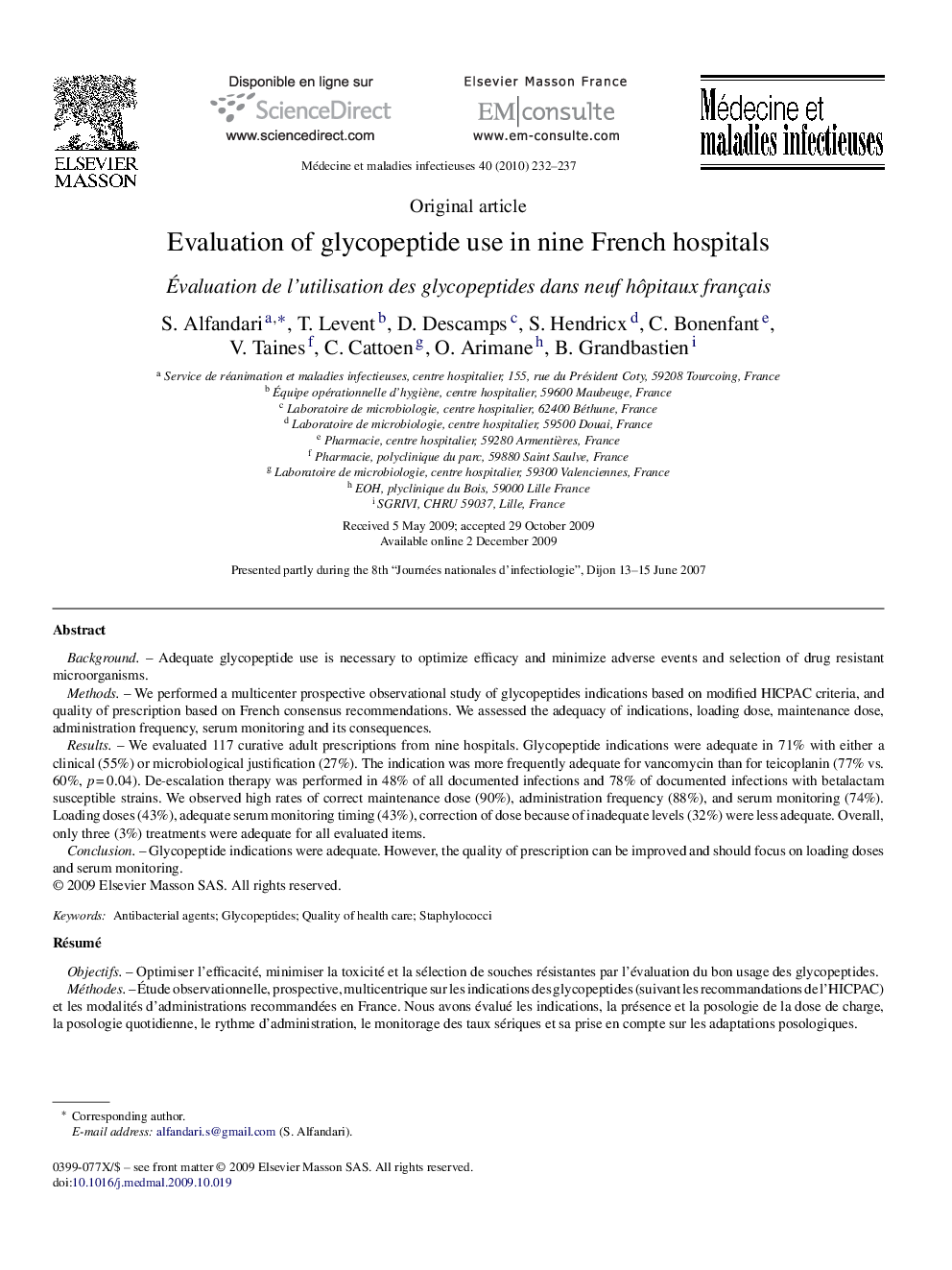 Evaluation of glycopeptide use in nine French hospitals