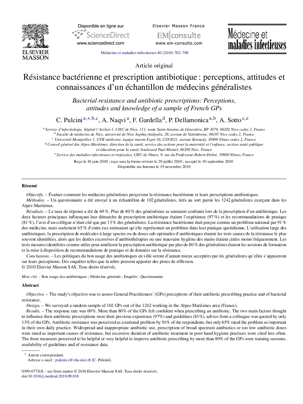 Résistance bactérienne et prescription antibiotique : perceptions, attitudes et connaissances d’un échantillon de médecins généralistes