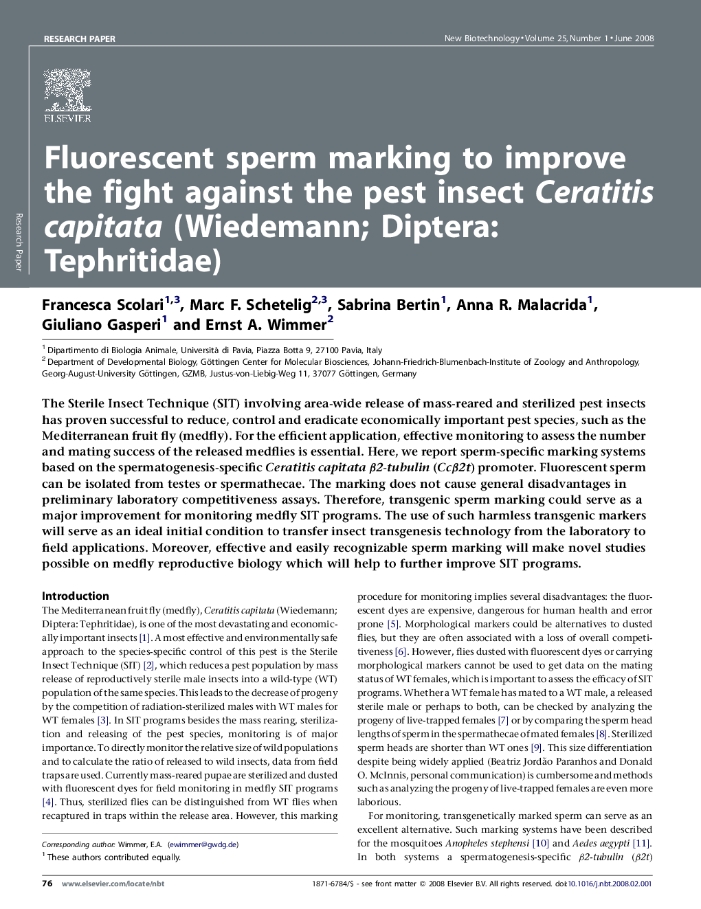 Fluorescent sperm marking to improve the fight against the pest insect Ceratitis capitata (Wiedemann; Diptera: Tephritidae)