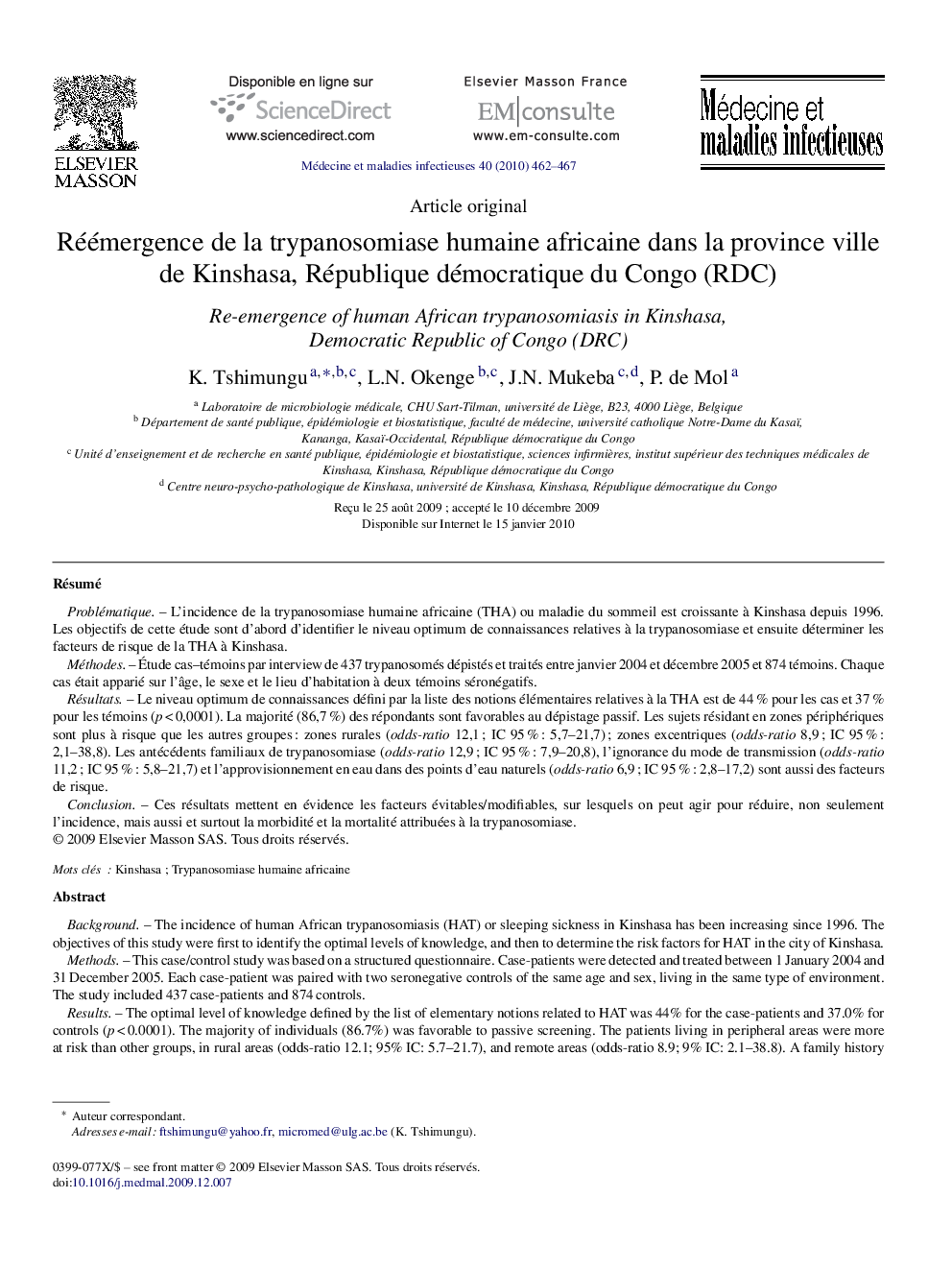 Réémergence de la trypanosomiase humaine africaine dans la province ville de Kinshasa, République démocratique du Congo (RDC)