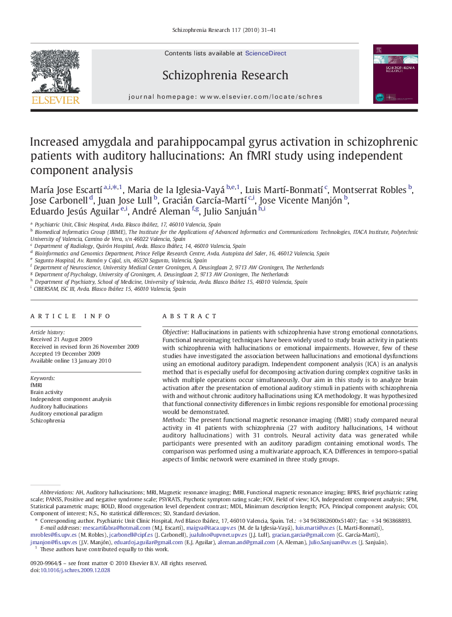 Increased amygdala and parahippocampal gyrus activation in schizophrenic patients with auditory hallucinations: An fMRI study using independent component analysis