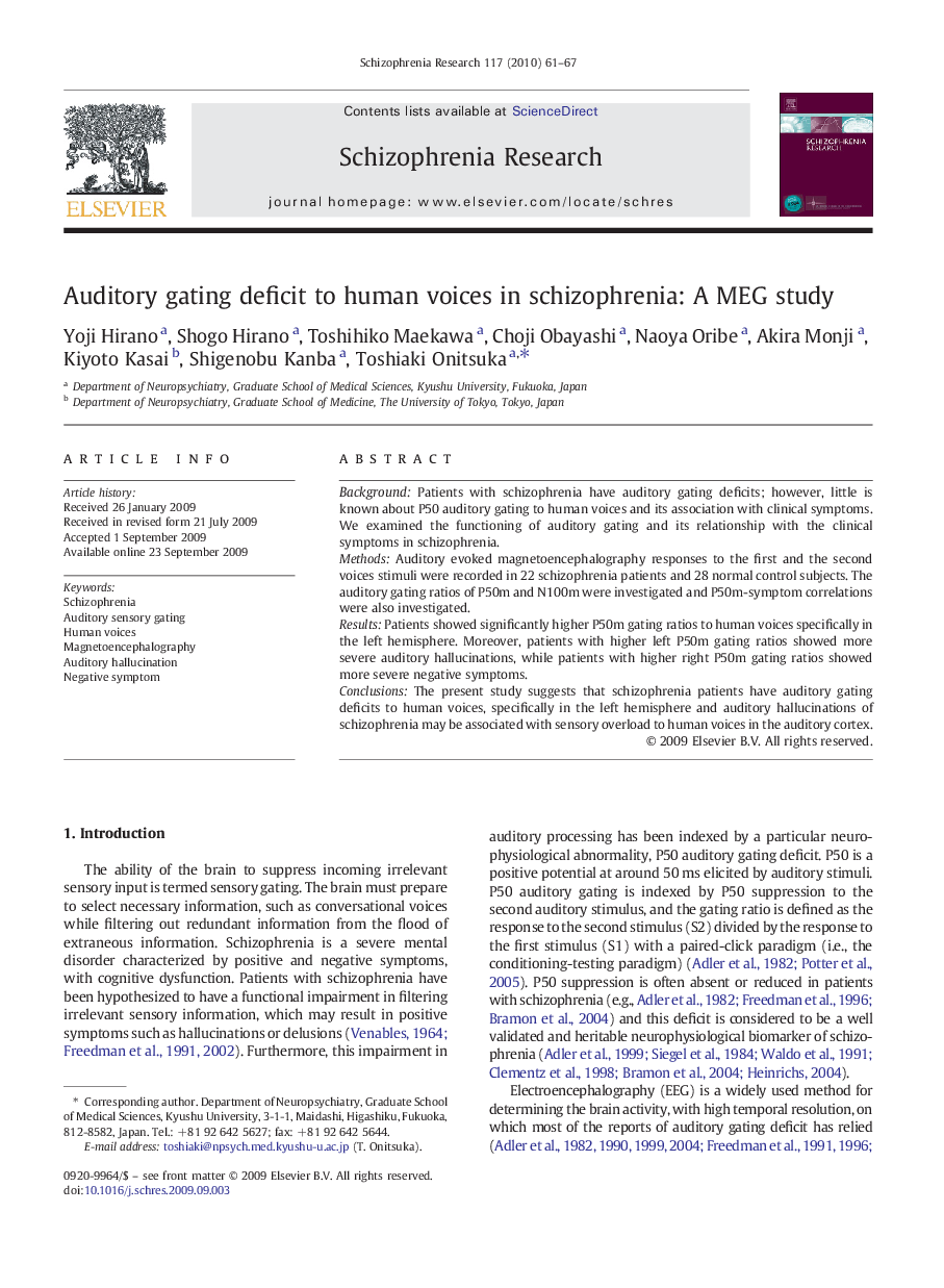 Auditory gating deficit to human voices in schizophrenia: A MEG study