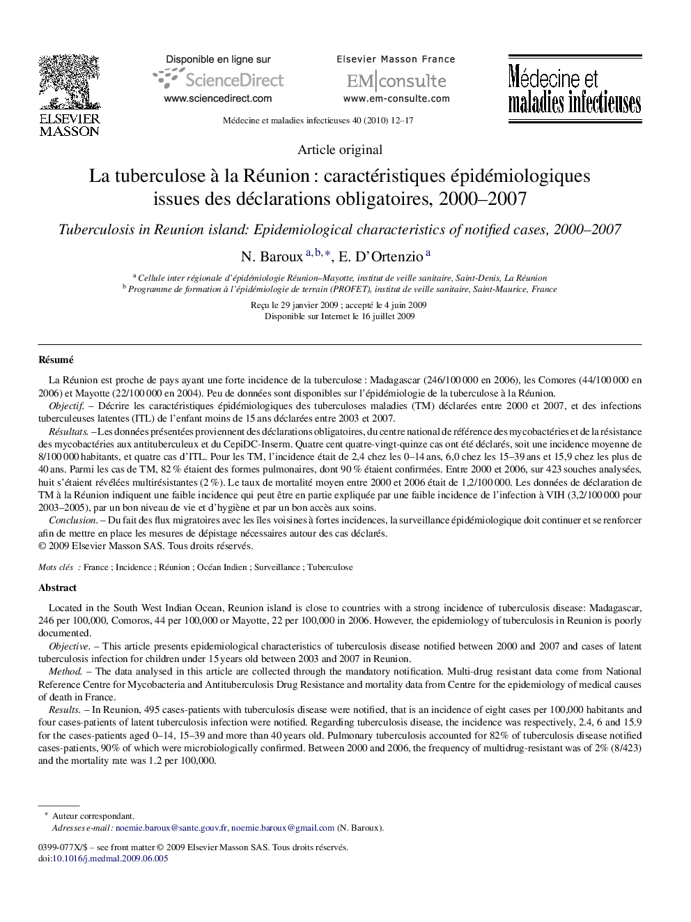 La tuberculose à la Réunion : caractéristiques épidémiologiques issues des déclarations obligatoires, 2000–2007