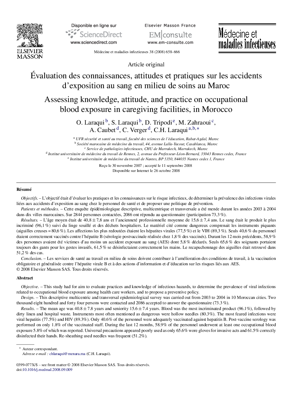 Évaluation des connaissances, attitudes et pratiques sur les accidents d’exposition au sang en milieu de soins au Maroc