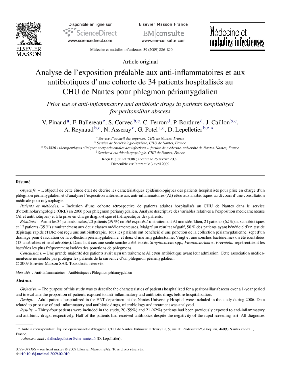 Analyse de l’exposition préalable aux anti-inflammatoires et aux antibiotiques d’une cohorte de 34 patients hospitalisés au CHU de Nantes pour phlegmon périamygdalien