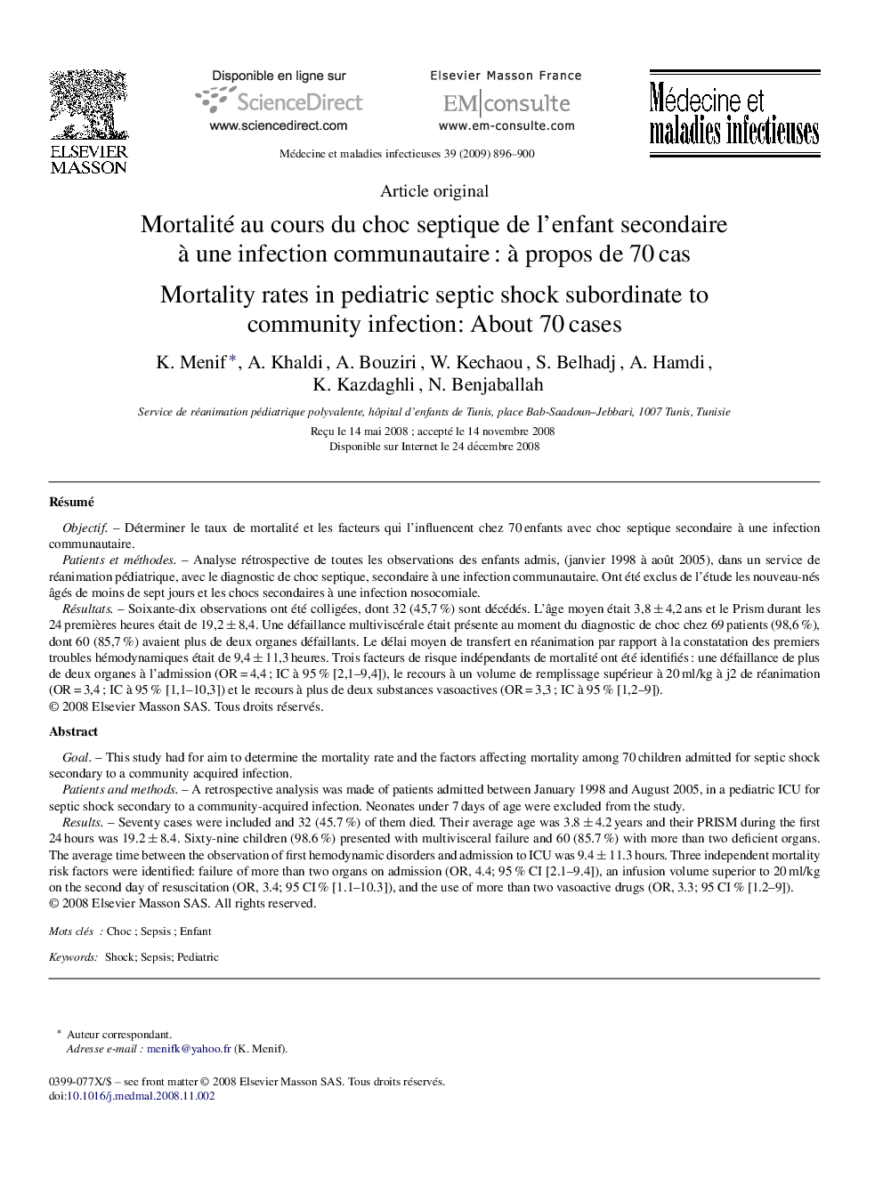 Mortalité au cours du choc septique de l’enfant secondaire à une infection communautaire : à propos de 70 cas