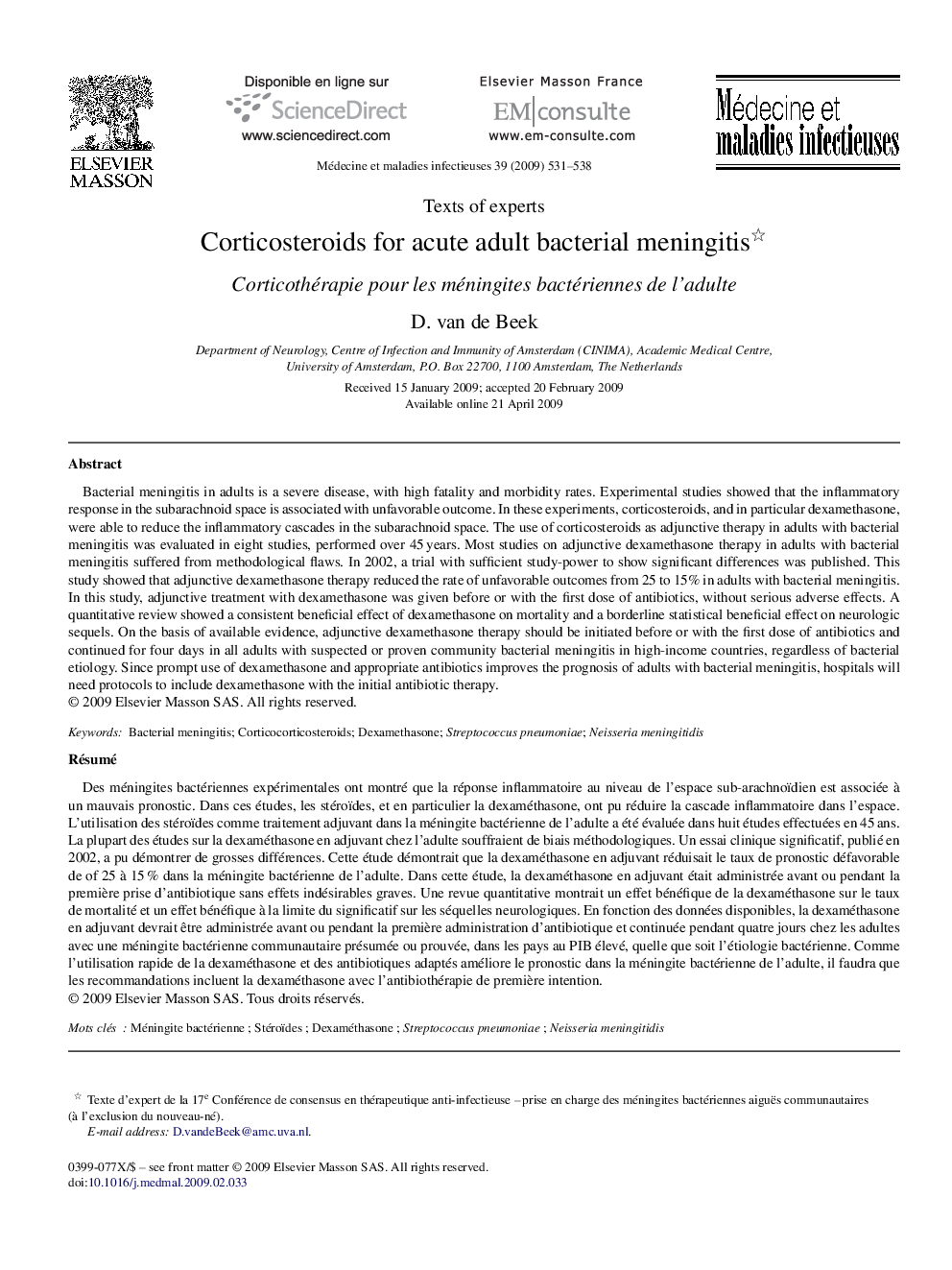 Corticosteroids for acute adult bacterial meningitis 