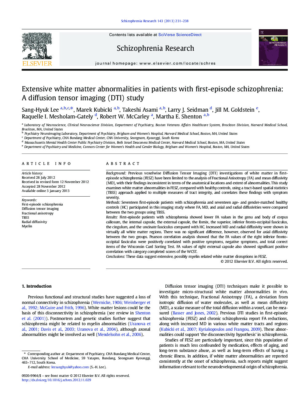 Extensive white matter abnormalities in patients with first-episode schizophrenia: A diffusion tensor imaging (DTI) study