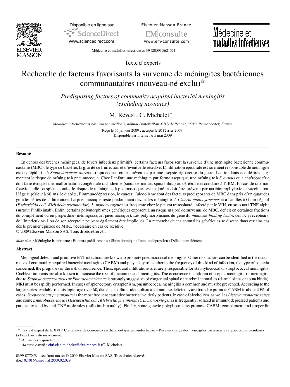 Recherche de facteurs favorisants la survenue de méningites bactériennes communautaires (nouveau-né exclu) 