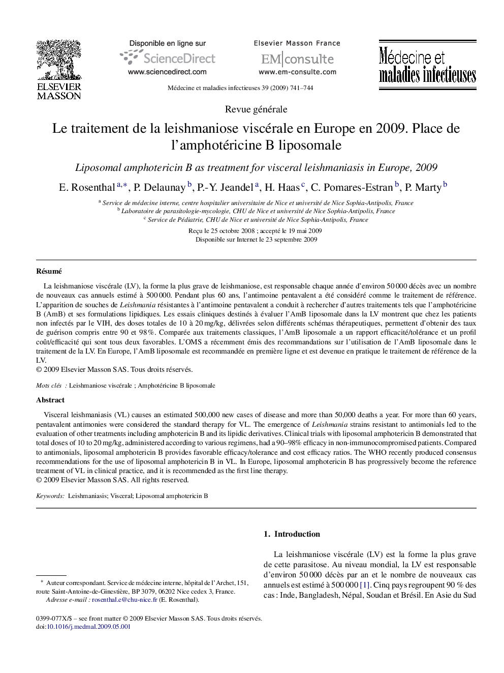 Le traitement de la leishmaniose viscérale en Europe en 2009. Place de l’amphotéricine B liposomale