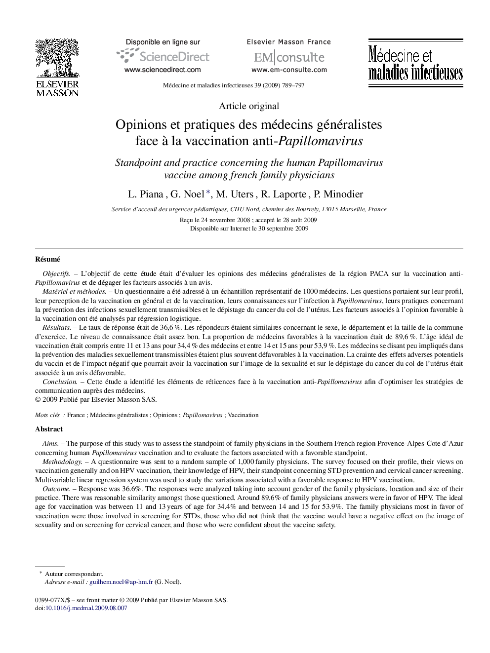 Opinions et pratiques des médecins généralistes face à la vaccination anti-Papillomavirus