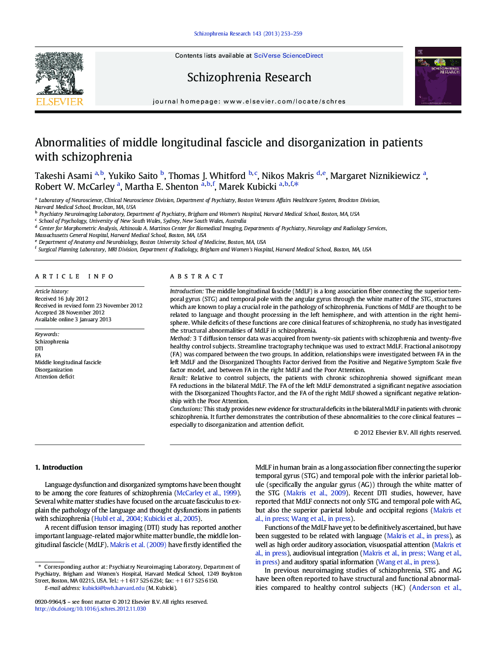 Abnormalities of middle longitudinal fascicle and disorganization in patients with schizophrenia