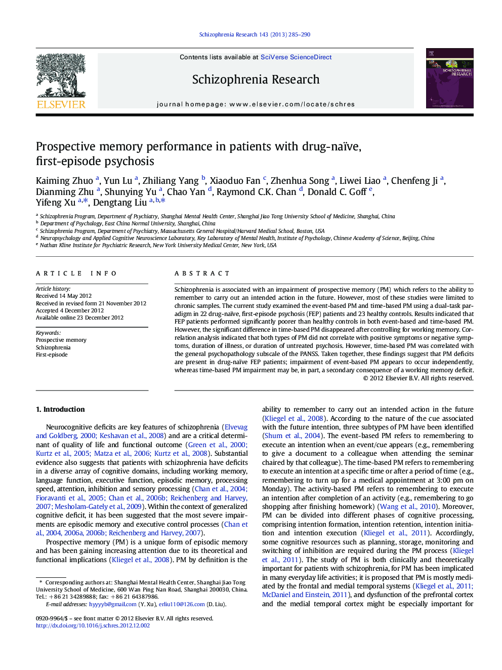 Prospective memory performance in patients with drug-naïve, first-episode psychosis