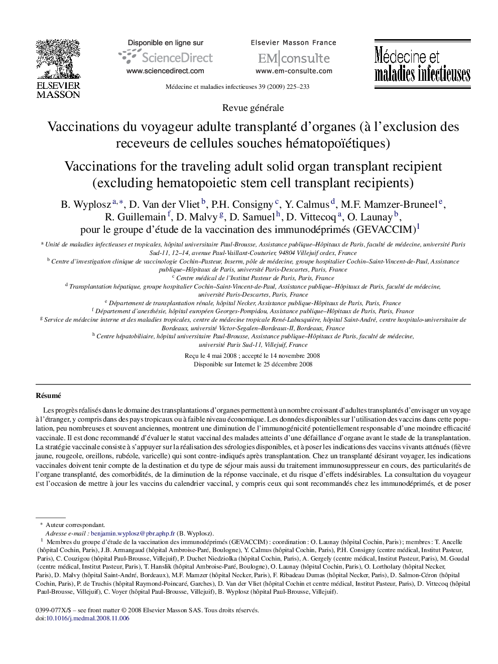 Vaccinations du voyageur adulte transplanté d’organes (à l’exclusion des receveurs de cellules souches hématopoïétiques)