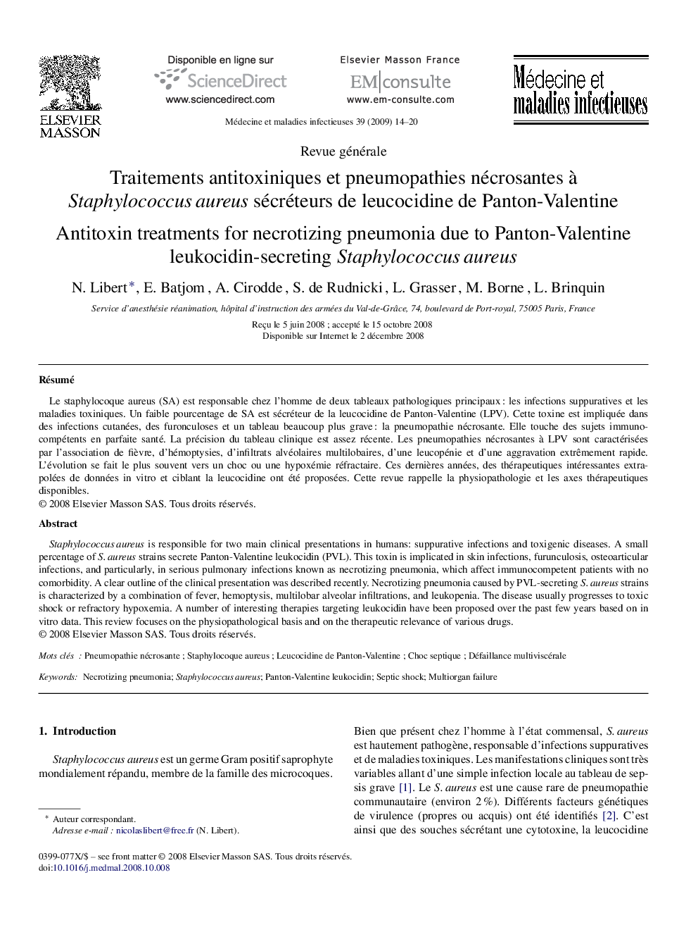 Traitements antitoxiniques et pneumopathies nécrosantes à Staphylococcus aureus sécréteurs de leucocidine de Panton-Valentine