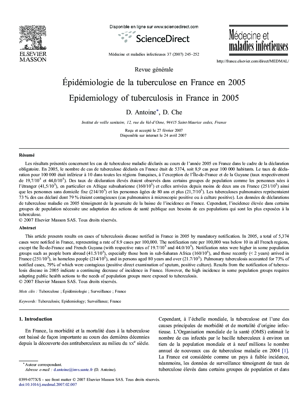 Épidémiologie de la tuberculose en France en 2005