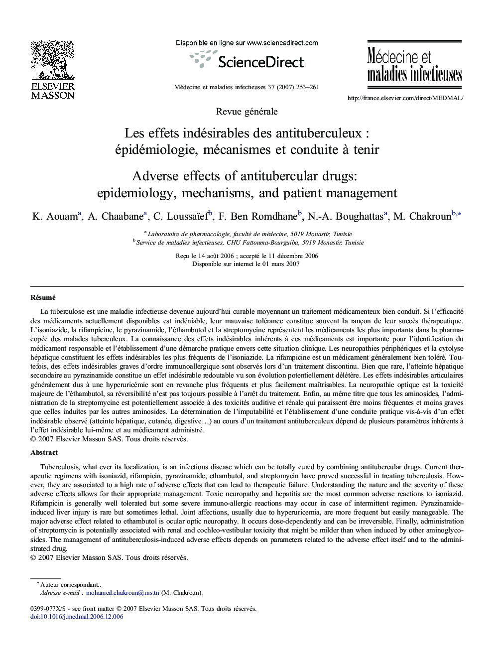 Les effets indésirables des antituberculeux : épidémiologie, mécanismes et conduite à tenir