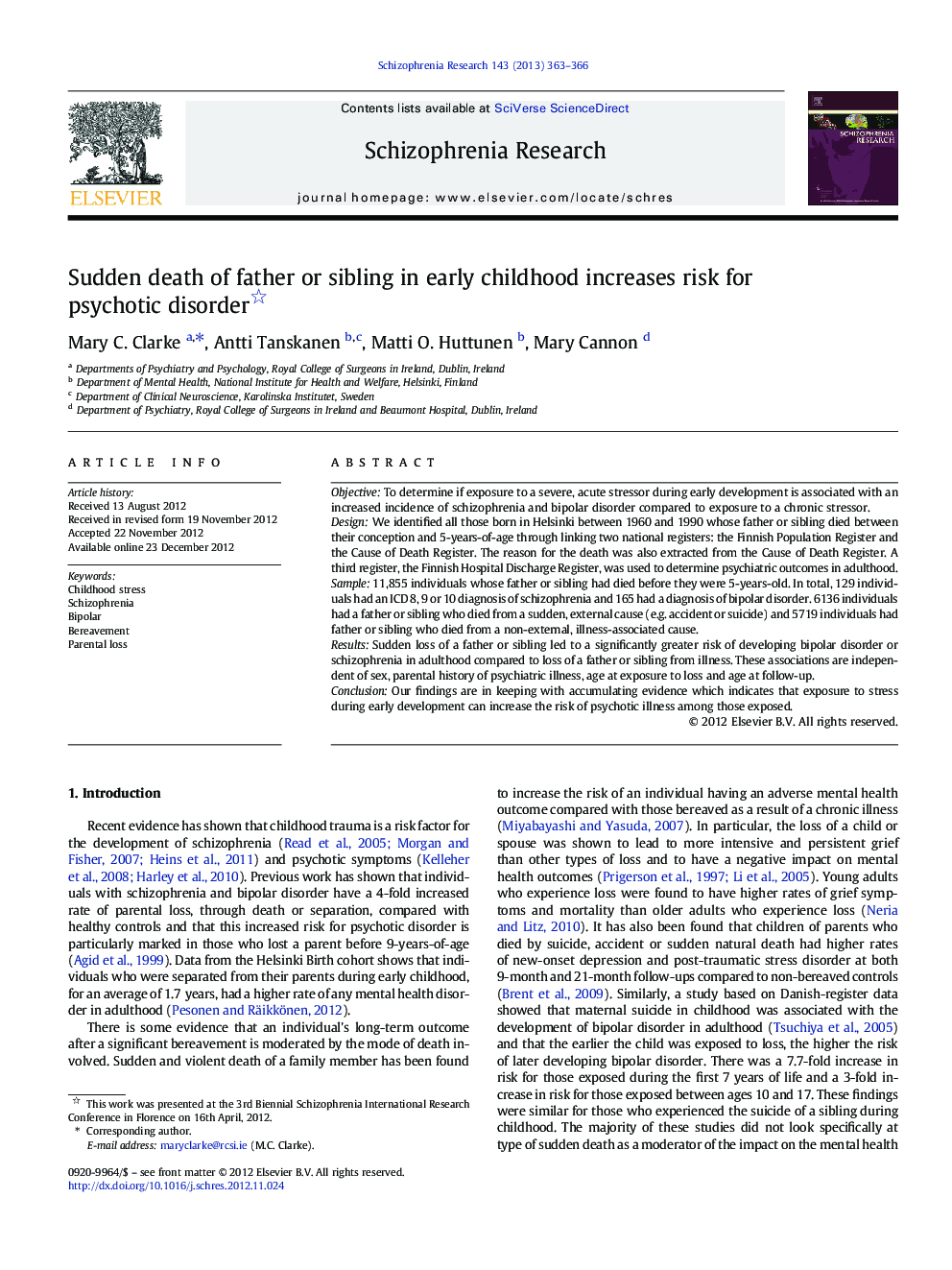 Sudden death of father or sibling in early childhood increases risk for psychotic disorder 