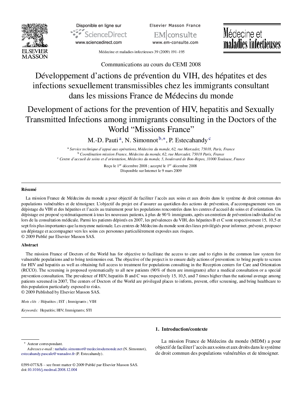 Développement d’actions de prévention du VIH, des hépatites et des infections sexuellement transmissibles chez les immigrants consultant dans les missions France de Médecins du monde