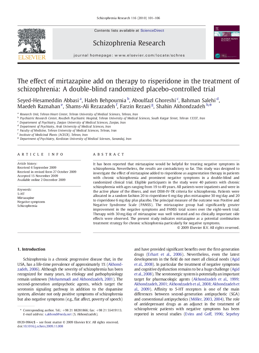 The effect of mirtazapine add on therapy to risperidone in the treatment of schizophrenia: A double-blind randomized placebo-controlled trial