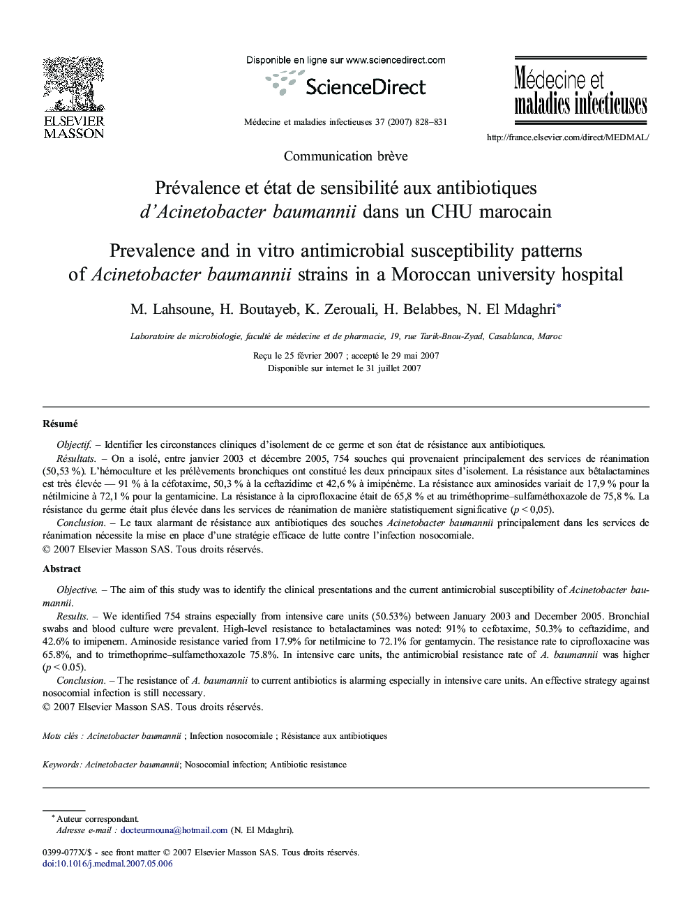 Prévalence et état de sensibilité aux antibiotiques d'Acinetobacter baumannii dans un CHU marocain