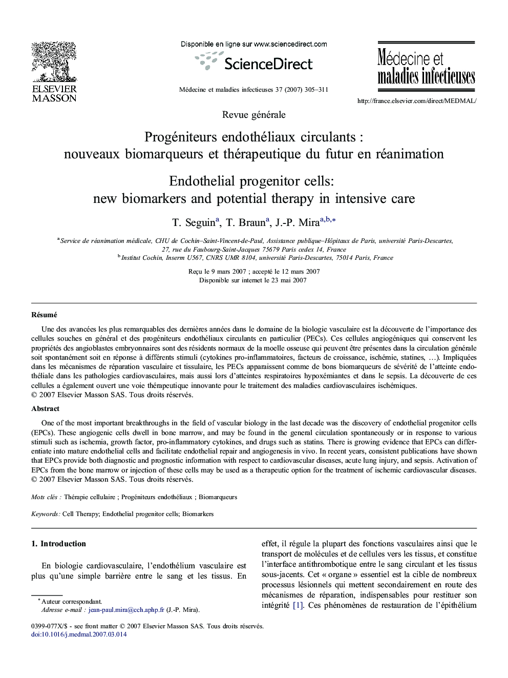 Progéniteurs endothéliaux circulants : nouveaux biomarqueurs et thérapeutique du futur en réanimation