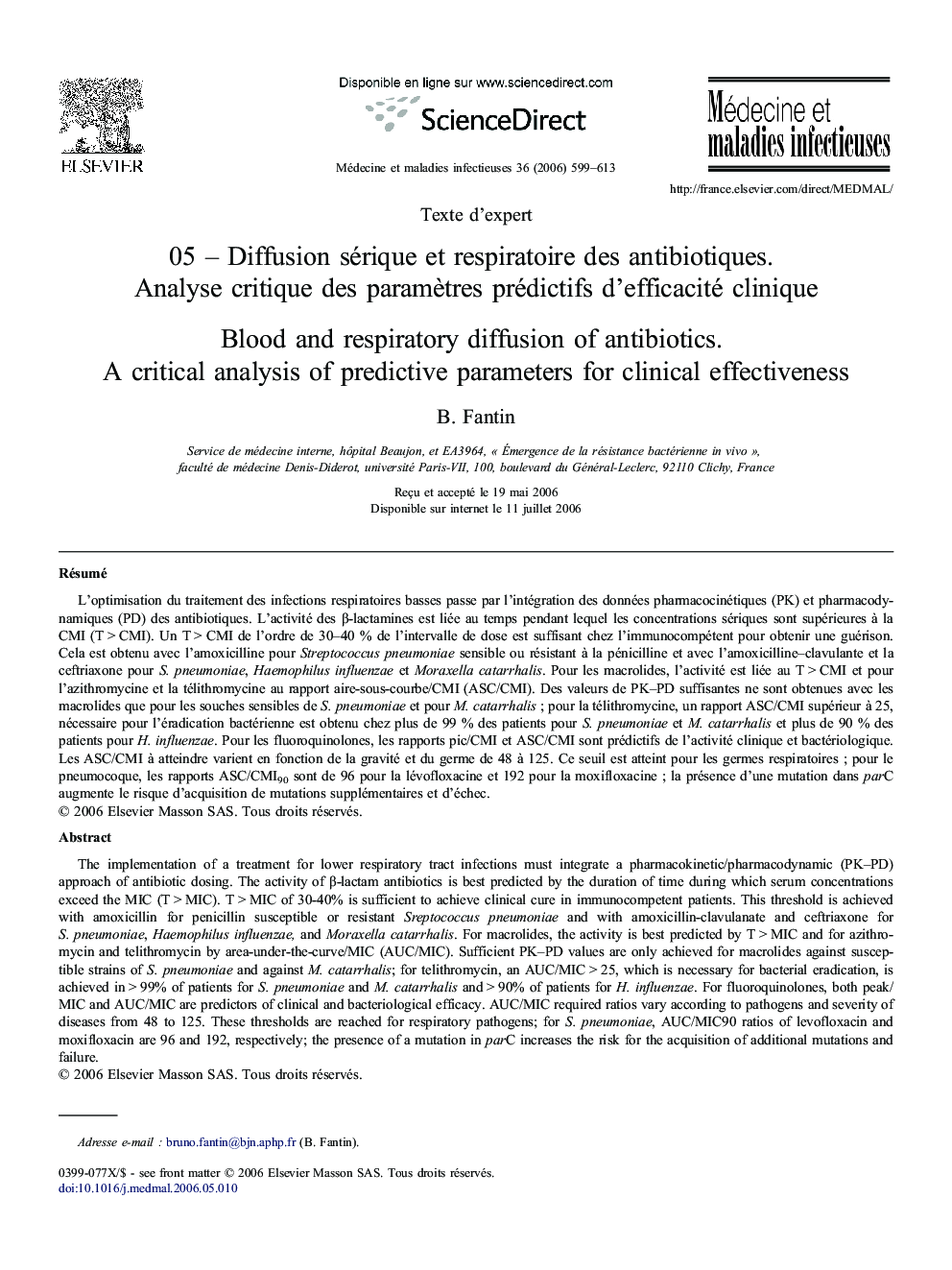 05 – Diffusion sérique et respiratoire des antibiotiques. Analyse critique des paramètres prédictifs d'efficacité clinique