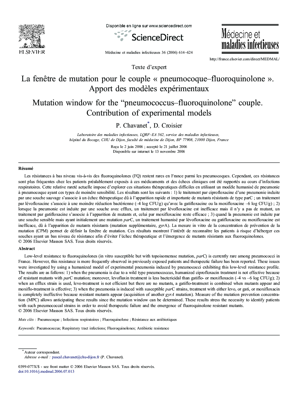 La fenêtre de mutation pour le couple « pneumocoque–fluoroquinolone ». Apport des modèles expérimentaux