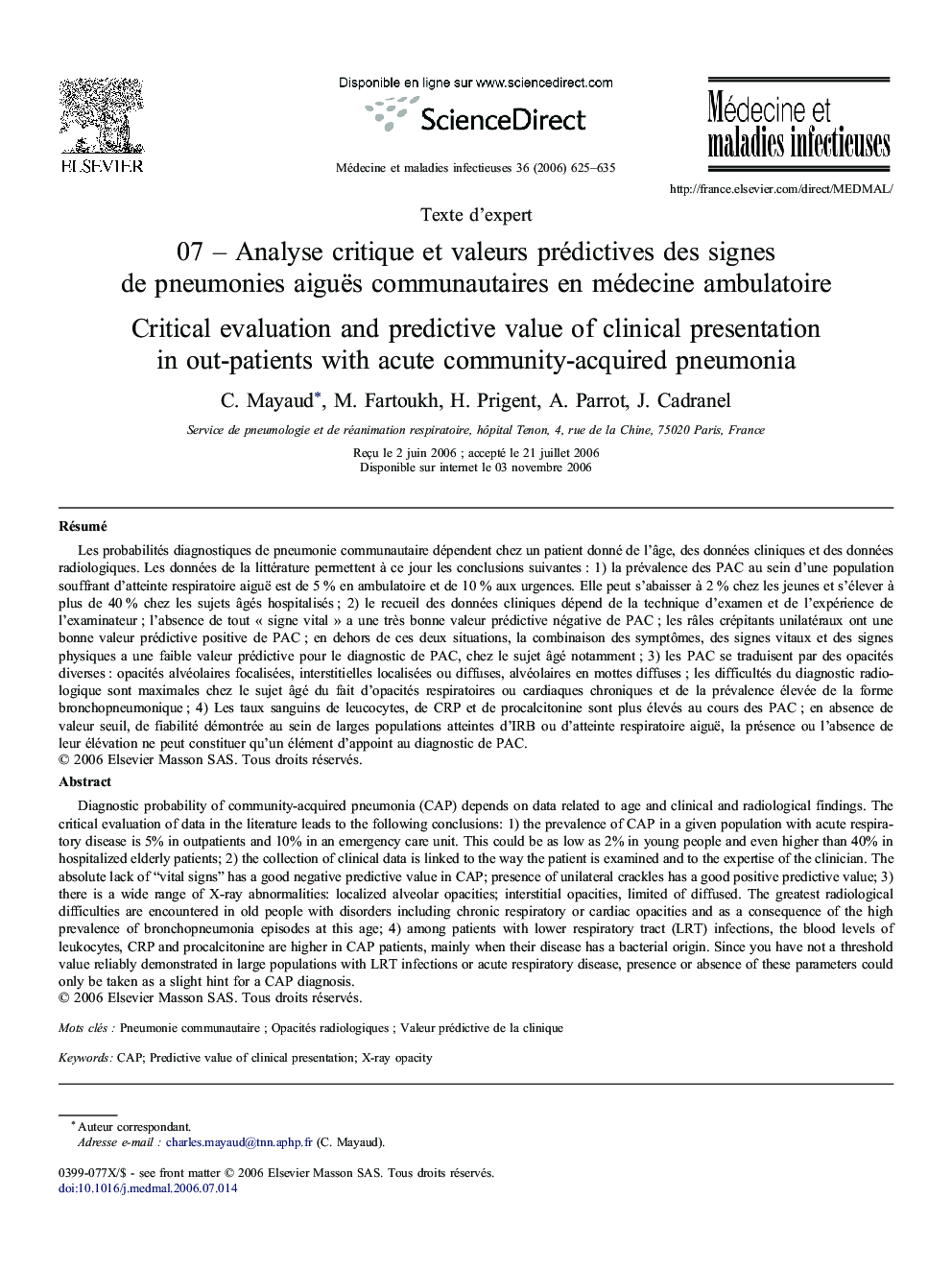 07 - Analyse critique etÂ valeurs prédictives desÂ signes deÂ pneumonies aiguës communautaires enÂ médecine ambulatoire