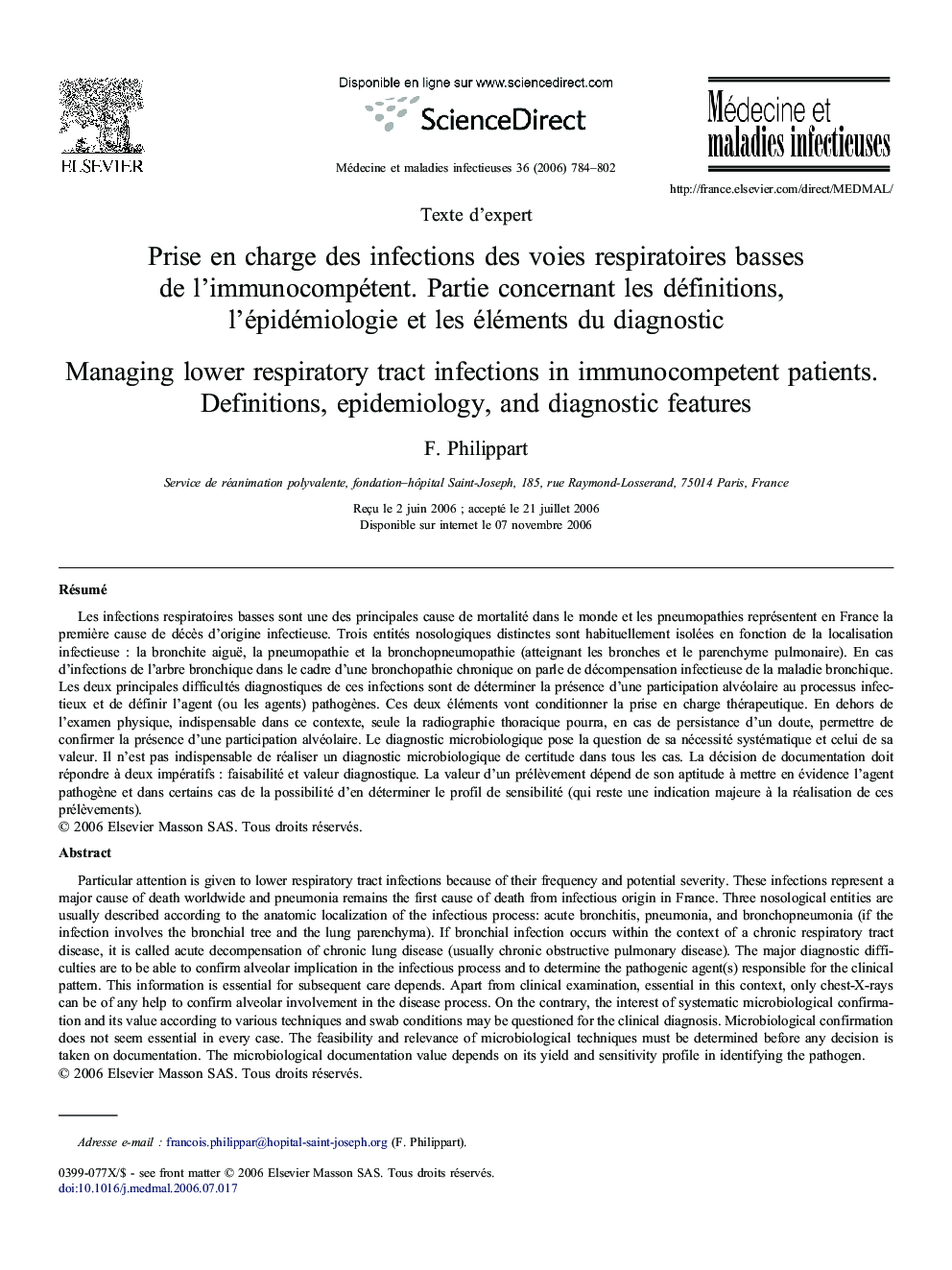 Prise enÂ charge desÂ infections desÂ voies respiratoires basses deÂ l'immunocompétent. Partie concernant lesÂ définitions, l'épidémiologie etÂ lesÂ éléments duÂ diagnostic