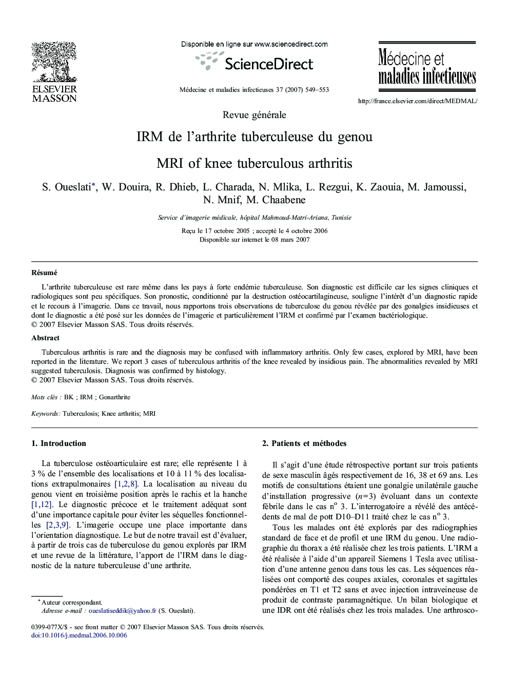 IRM de l'arthrite tuberculeuse du genou