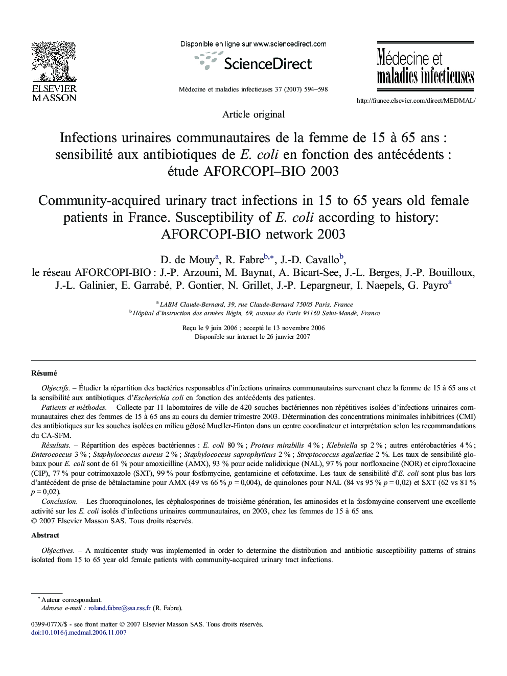 Infections urinaires communautaires de la femme de 15 à 65 ans : sensibilité aux antibiotiques de E. coli en fonction des antécédents : étude AFORCOPI–BIO 2003