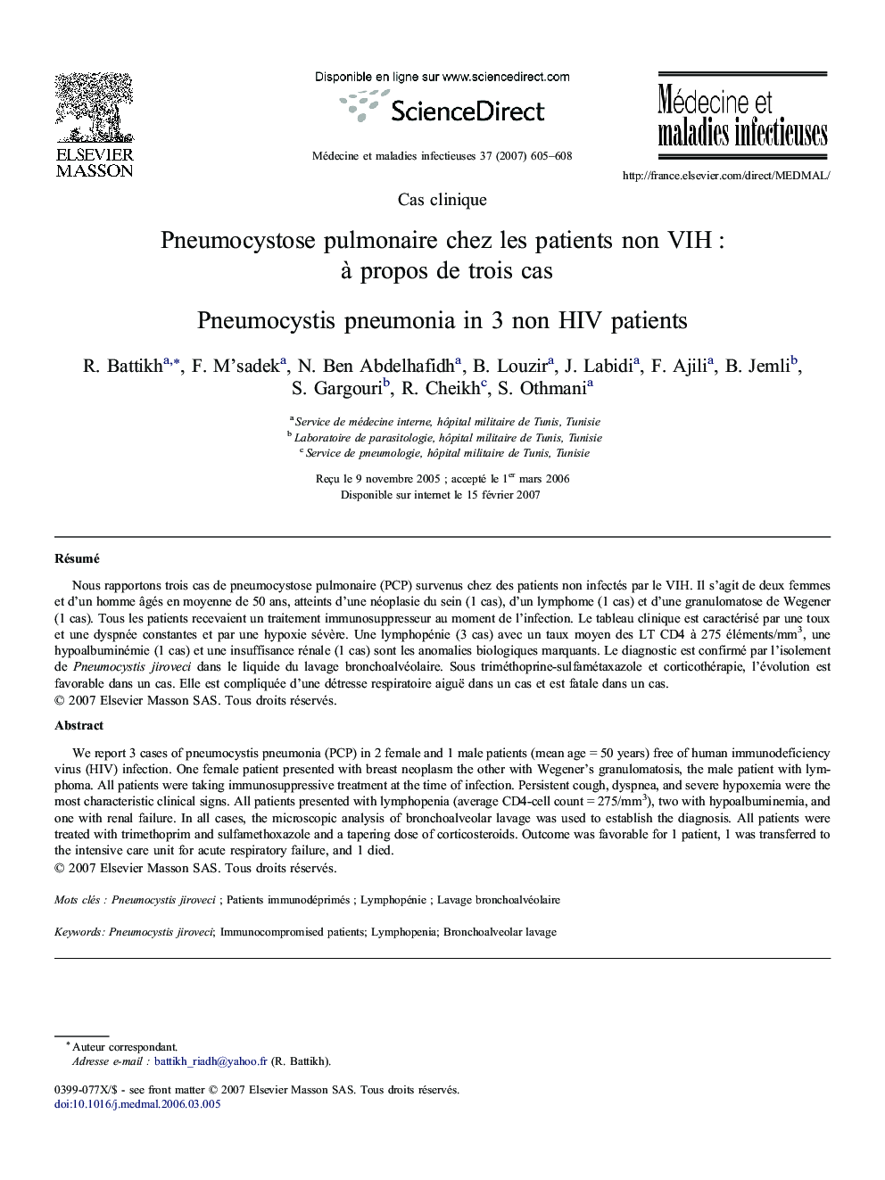 Pneumocystose pulmonaire chez les patients non VIH : à propos de trois cas