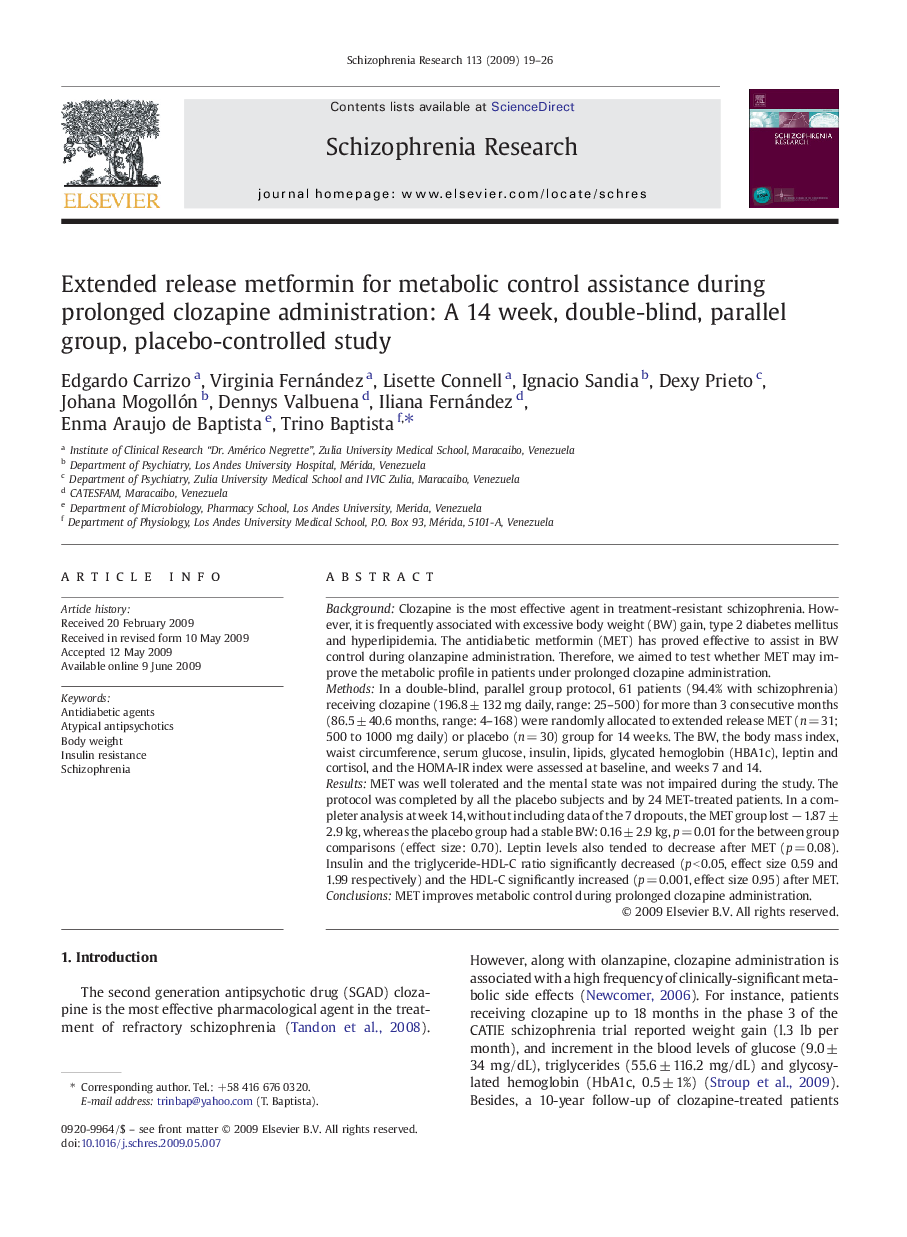 Extended release metformin for metabolic control assistance during prolonged clozapine administration: A 14 week, double-blind, parallel group, placebo-controlled study